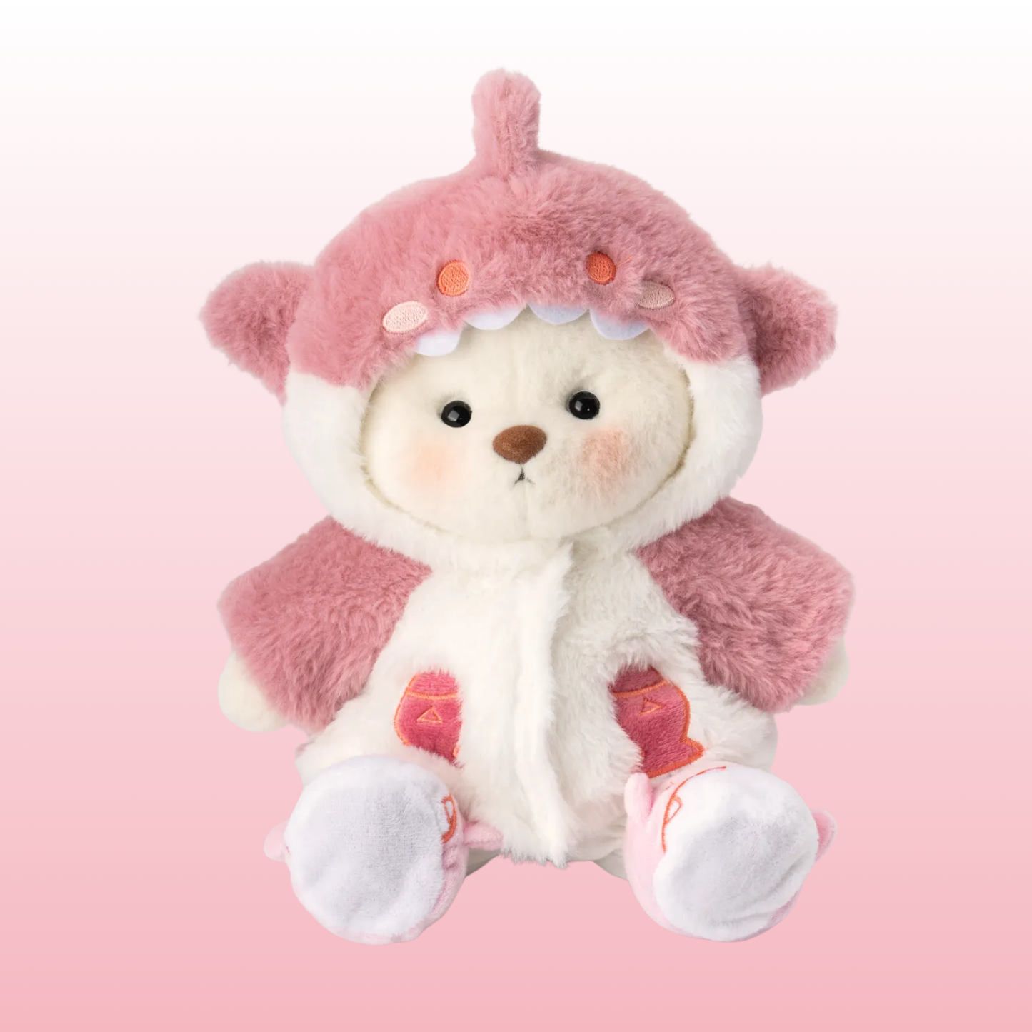Oso de peluche blanco Puffy Bear artesanal con disfraz de tiburón rosa hecho a mano
