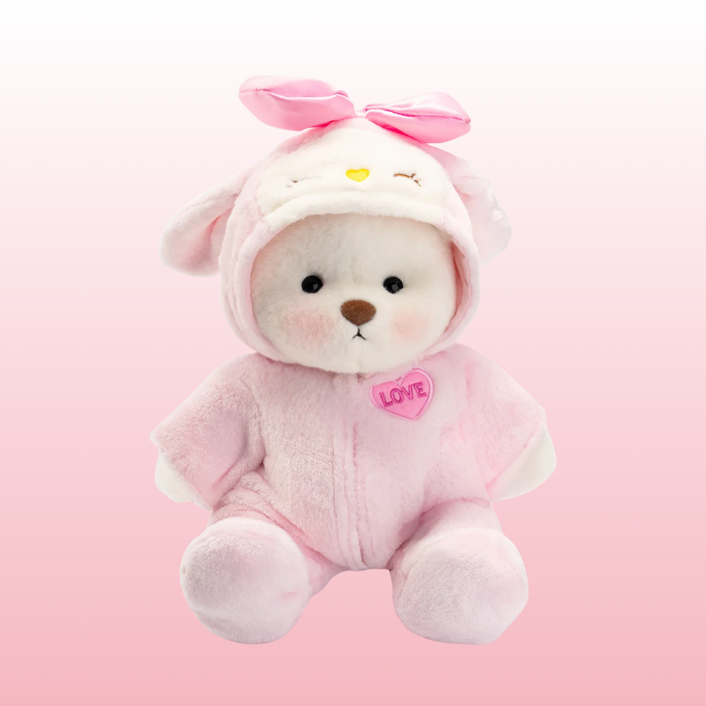 Oso de peluche Puffy Bear artesanal con sudadera Pink Love rosa hecho a mano